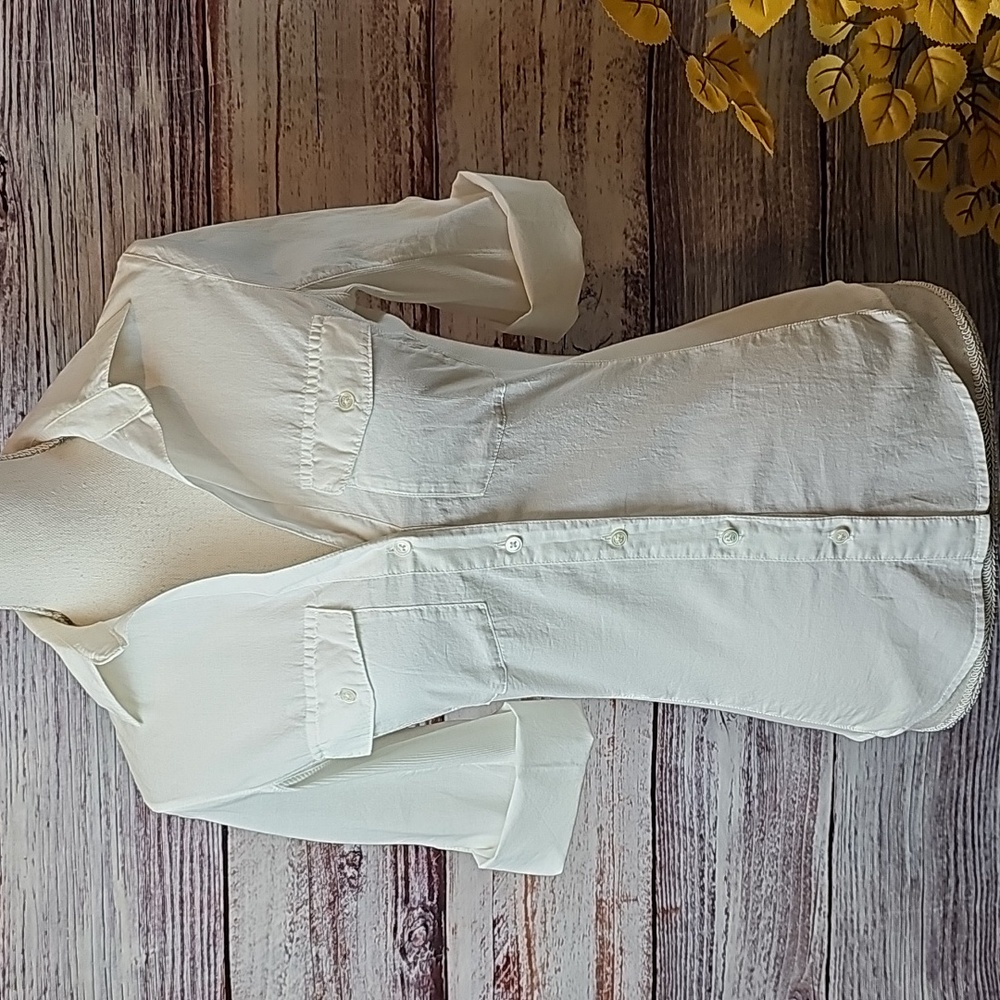 NWT JAMES PERSE WHITE CONTRAST PANEL 3/4 ROLL-UP TAB SLEEVE BUTTON-UP SHIRT FLAW - Picture 2 of 15